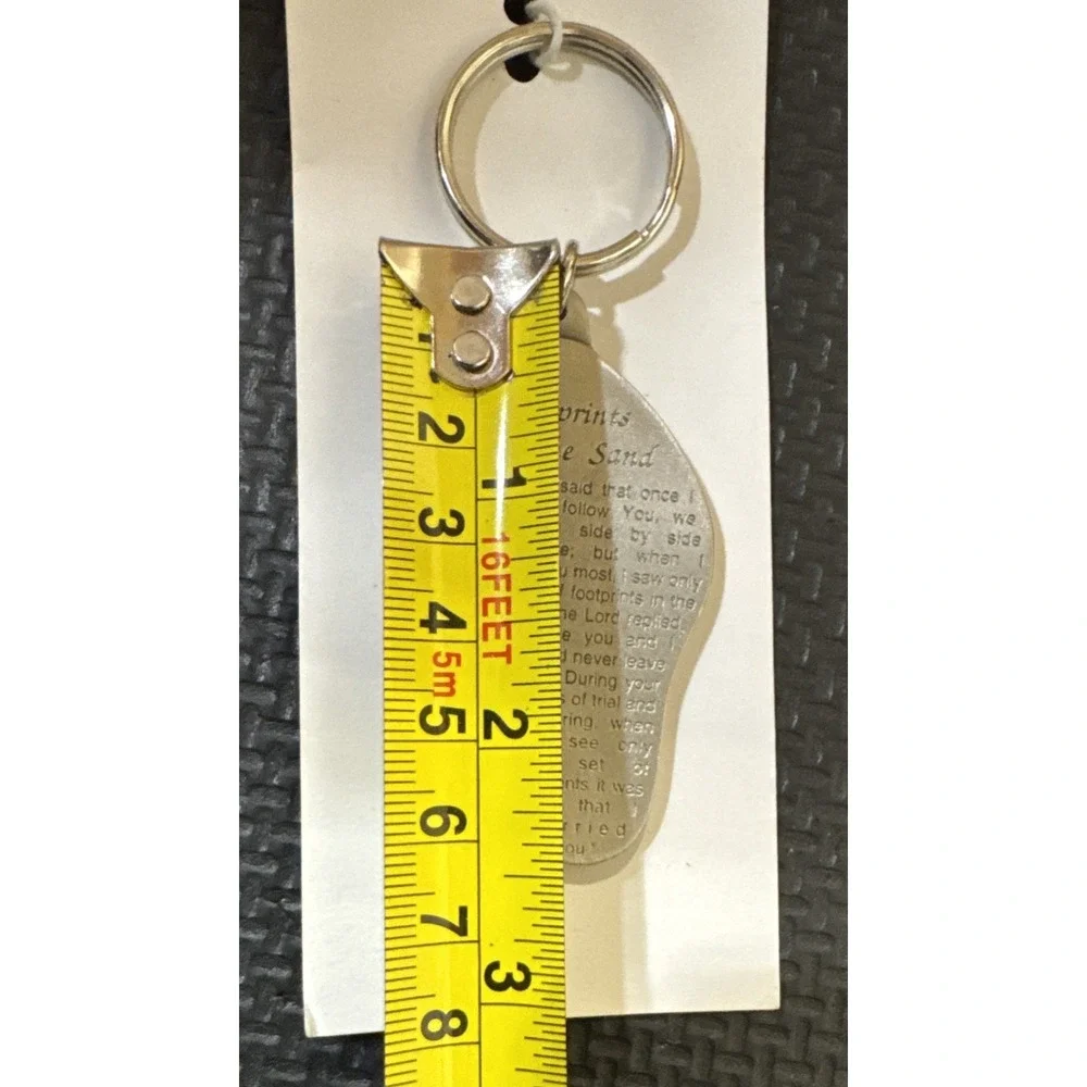 VTG NOS Pewter Religious Christian Keychain Footprints In The Sand